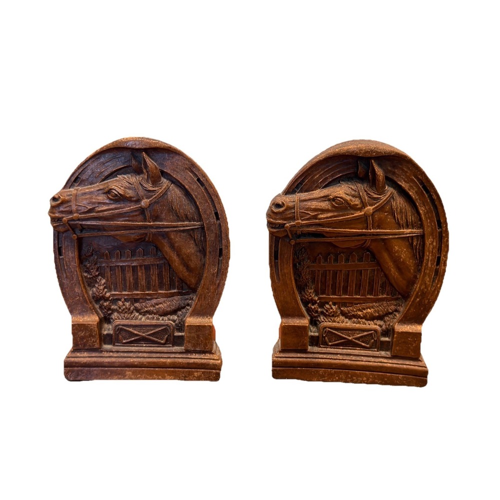 Vintage Horse Head‎ Horseshoe Bookends Faux Wood Equestrian Decor Set of 2
